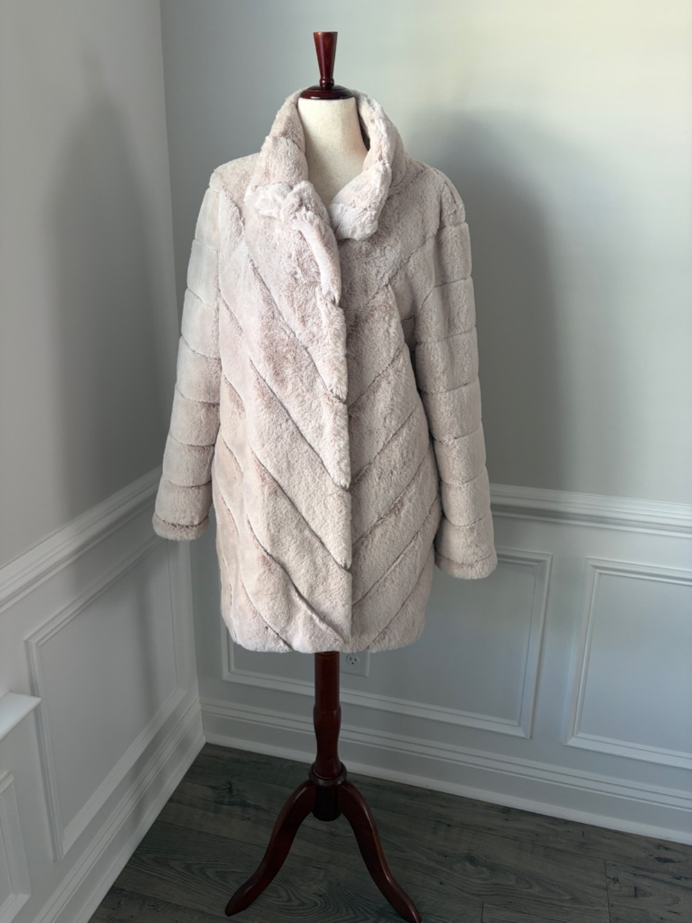 Calvin Klein Plush Faux Fur Pea Coat in Champagne